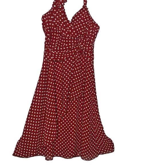 A Byer Halter Dress Red White Polka Dot Faux Wrap Lined Pinup Rockabilly Size 9 - Picture 10 of 13